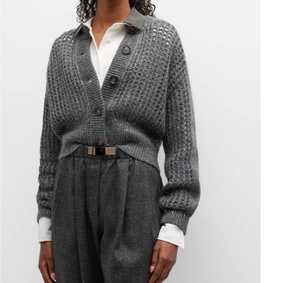 Women’s Brunello Cucinelli NEW Sequin Crochet Cardigan Gray Cashmere Blend Sz S - Picture 4 of 13